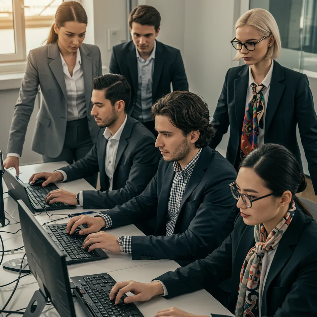 Equipo de desarrollo colaborando en una oficina moderna